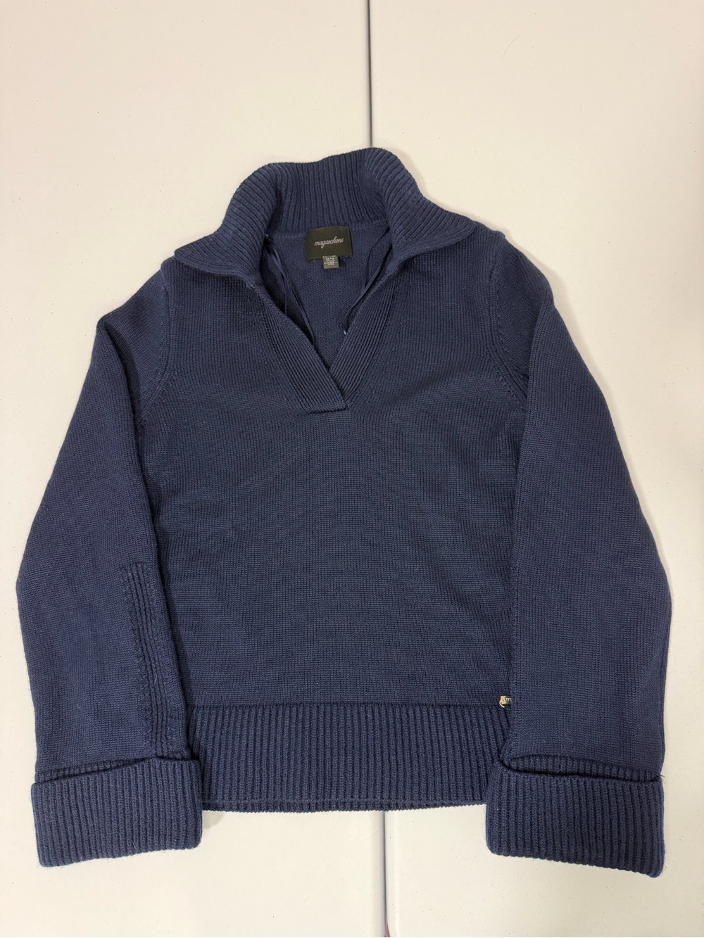 Magaschoni Merino Wool Navy Ribbed Popover Sweater